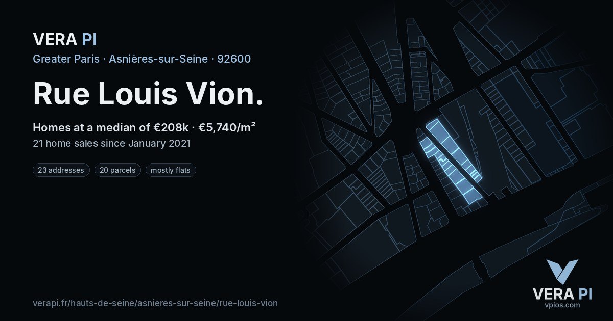 Rue Louis Vion, Asnières-sur-Seine at night – every parcel coloured by the prices around it, the street's own parcels lit
