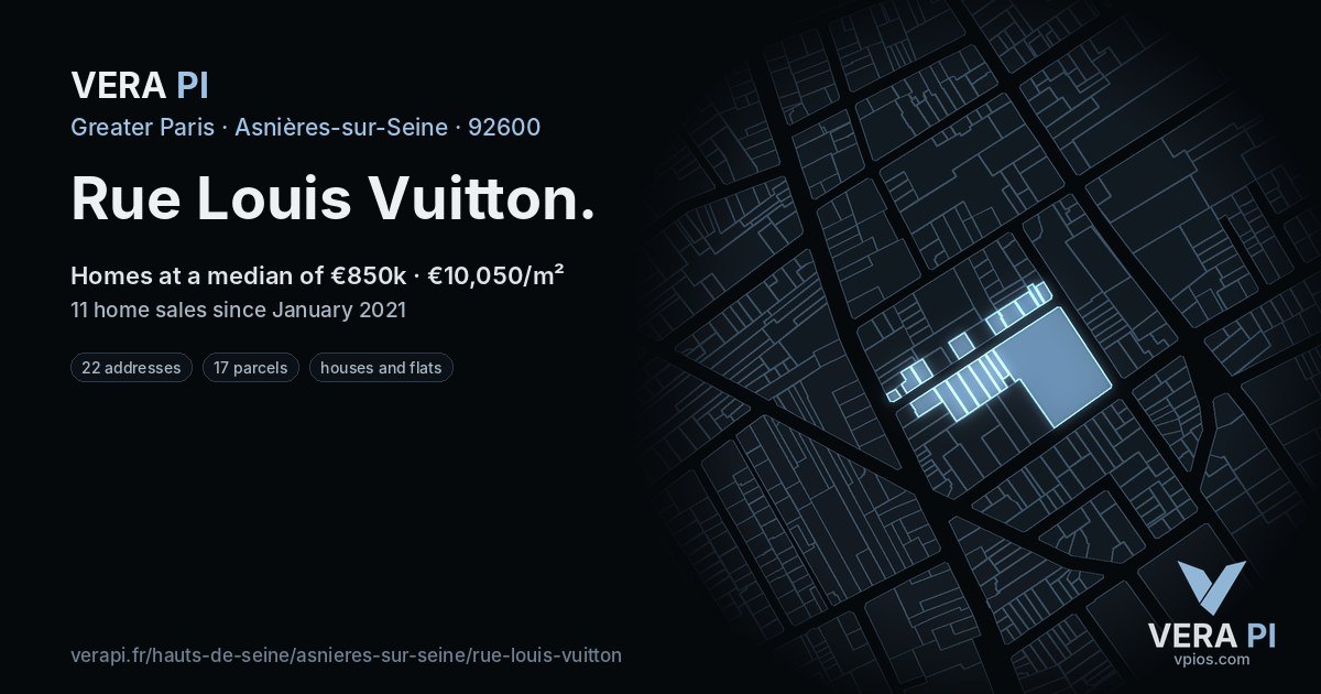 Rue Louis Vuitton, Asnières-sur-Seine at night – every parcel coloured by the prices around it, the street's own parcels lit