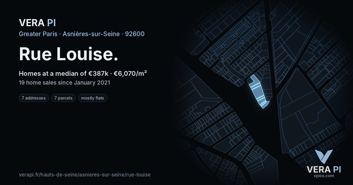 Rue Louise, Asnières-sur-Seine at night – every parcel coloured by the prices around it, the street's own parcels lit