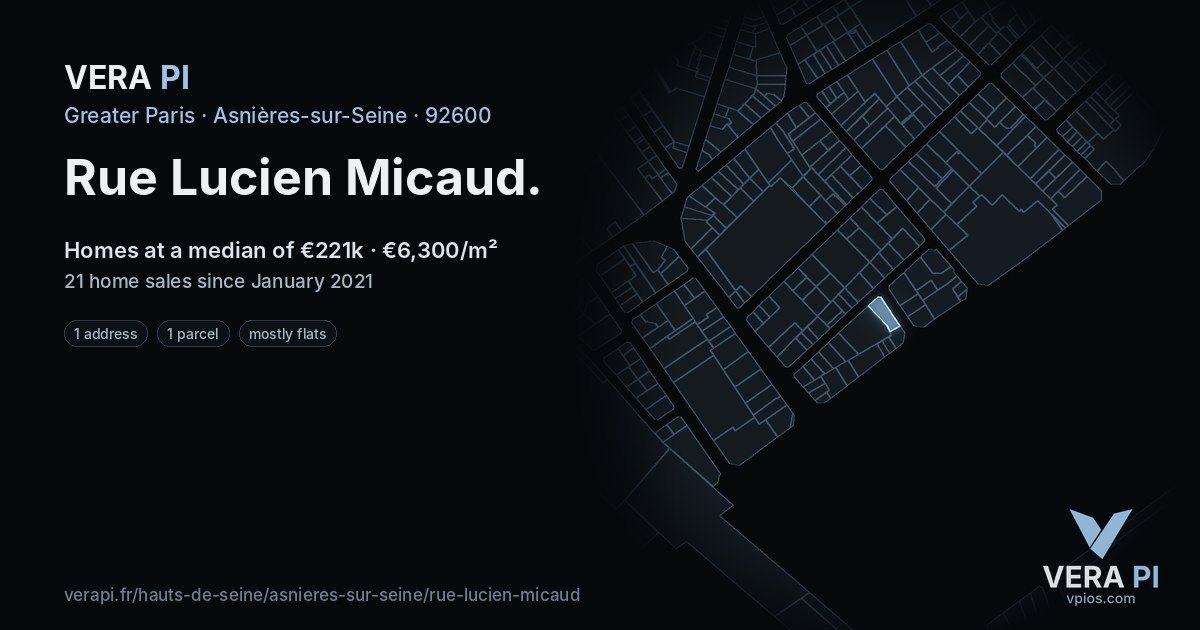 Rue Lucien Micaud, Asnières-sur-Seine at night – every parcel coloured by the prices around it, the street's own parcels lit
