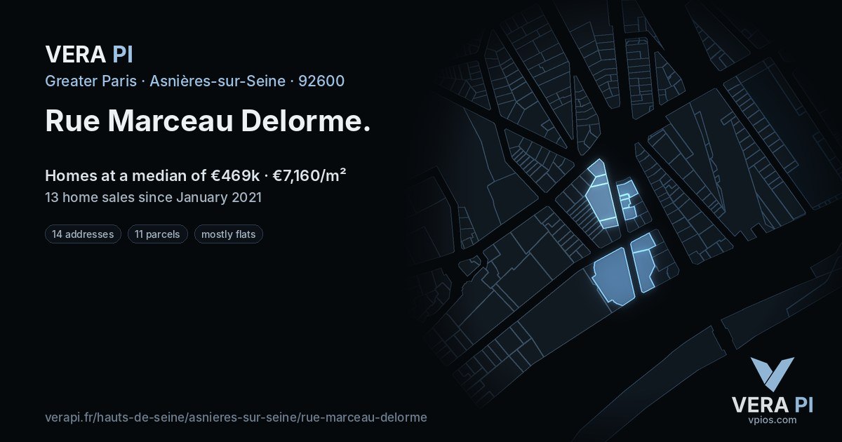 Rue Marceau Delorme, Asnières-sur-Seine at night – every parcel coloured by the prices around it, the street's own parcels lit