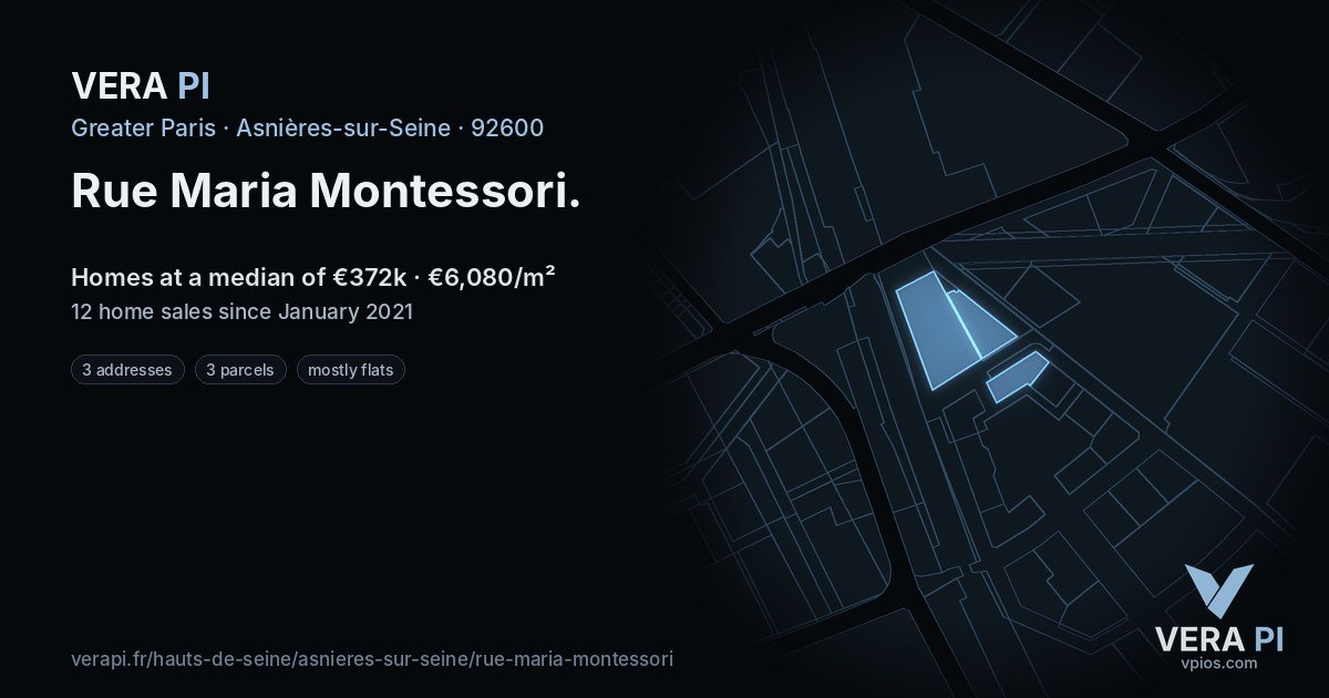 Rue Maria Montessori, Asnières-sur-Seine at night – every parcel coloured by the prices around it, the street's own parcels lit