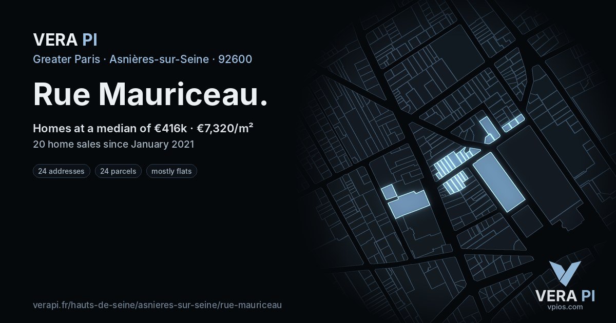 Rue Mauriceau, Asnières-sur-Seine at night – every parcel coloured by the prices around it, the street's own parcels lit