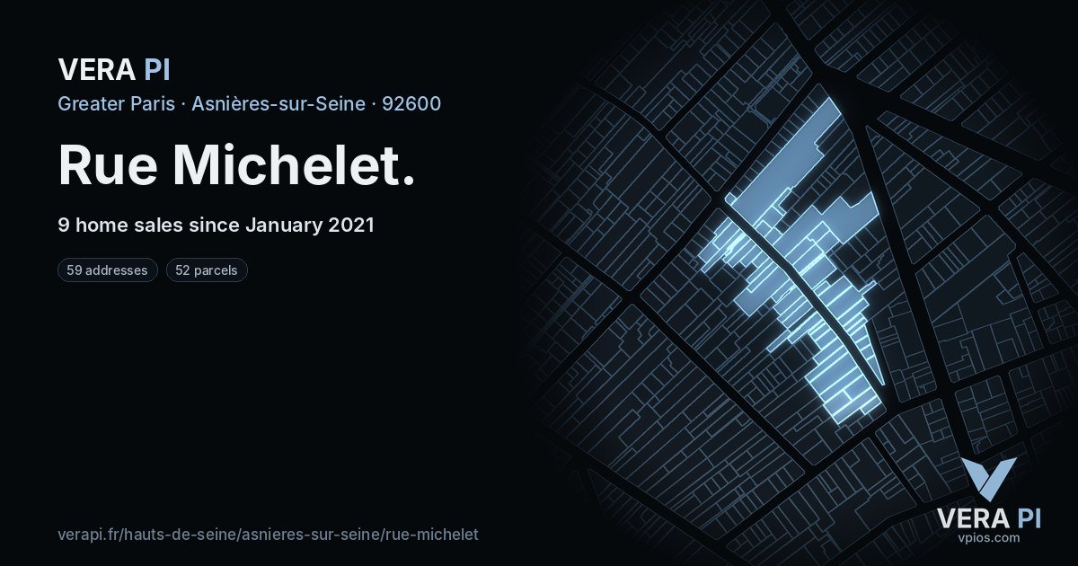 Rue Michelet, Asnières-sur-Seine at night – every parcel coloured by the prices around it, the street's own parcels lit
