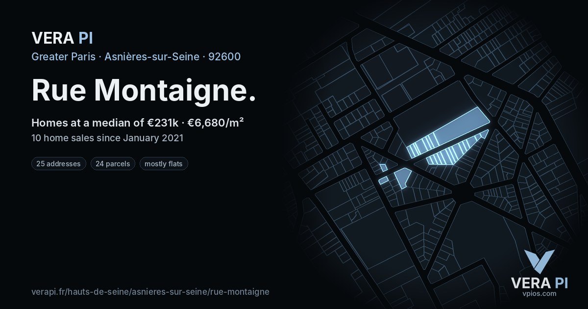Rue Montaigne, Asnières-sur-Seine at night – every parcel coloured by the prices around it, the street's own parcels lit
