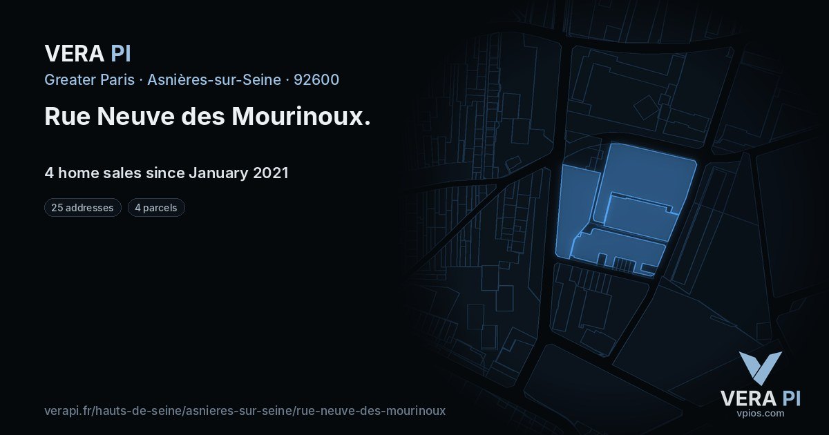 Rue Neuve des Mourinoux, Asnières-sur-Seine at night – every parcel coloured by the prices around it, the street's own parcels lit