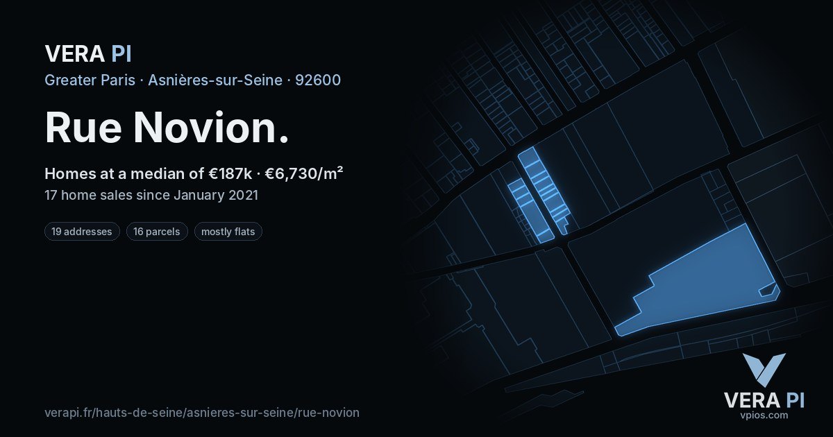 Rue Novion, Asnières-sur-Seine at night – every parcel coloured by the prices around it, the street's own parcels lit