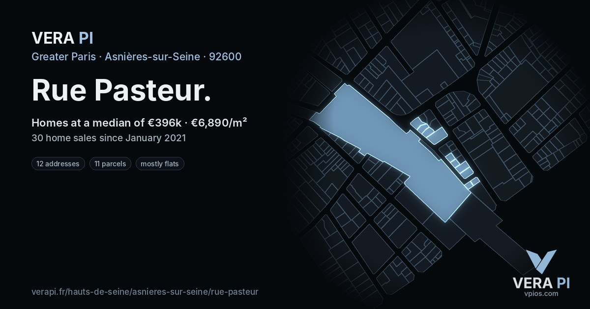Rue Pasteur, Asnières-sur-Seine at night – every parcel coloured by the prices around it, the street's own parcels lit