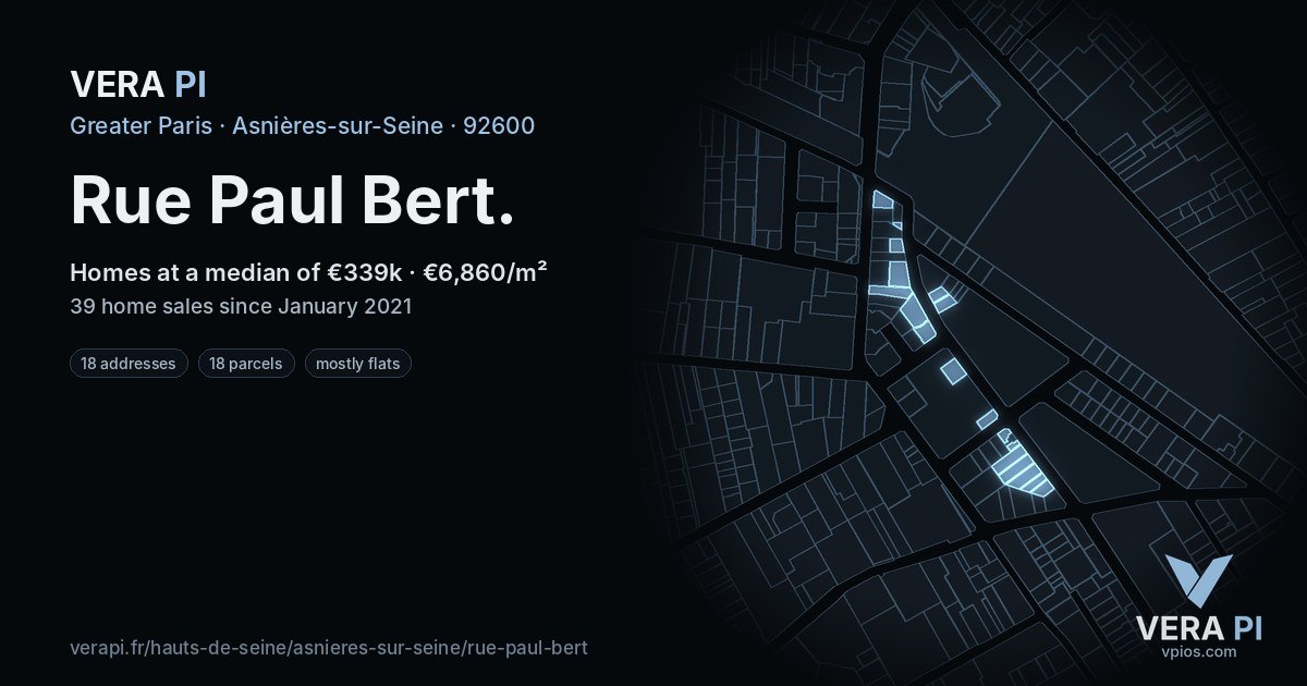 Rue Paul Bert, Asnières-sur-Seine at night – every parcel coloured by the prices around it, the street's own parcels lit