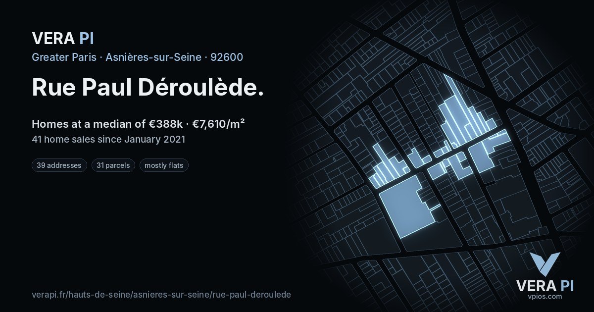 Rue Paul Déroulède, Asnières-sur-Seine at night – every parcel coloured by the prices around it, the street's own parcels lit