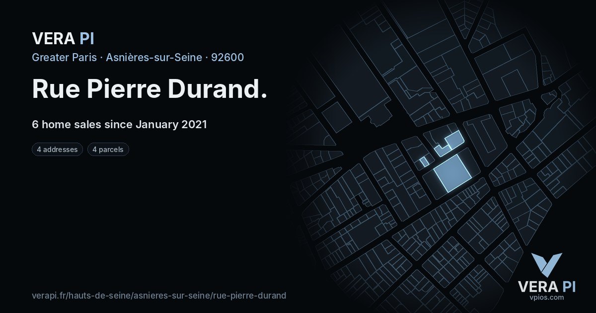 Rue Pierre Durand, Asnières-sur-Seine at night – every parcel coloured by the prices around it, the street's own parcels lit