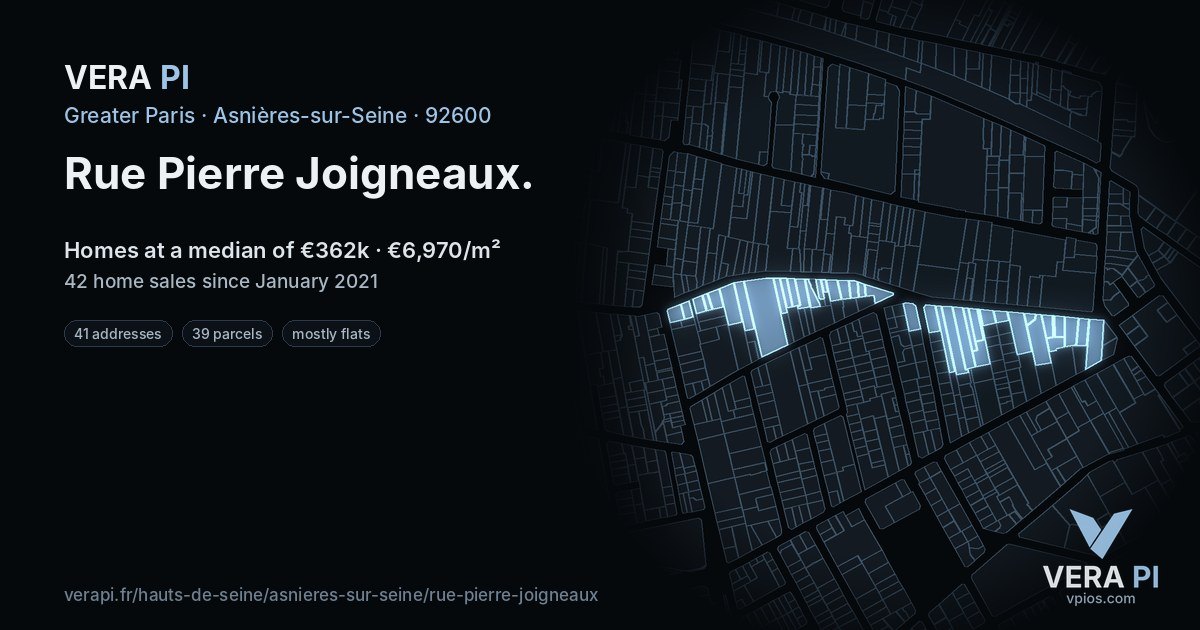 Rue Pierre Joigneaux, Asnières-sur-Seine at night – every parcel coloured by the prices around it, the street's own parcels lit