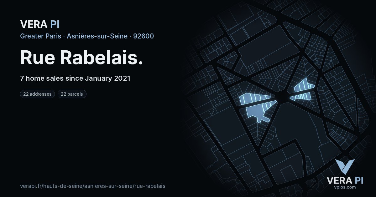 Rue Rabelais, Asnières-sur-Seine at night – every parcel coloured by the prices around it, the street's own parcels lit