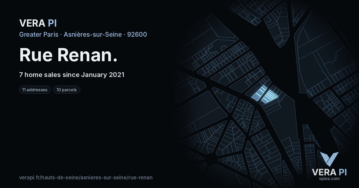 Rue Renan, Asnières-sur-Seine at night – every parcel coloured by the prices around it, the street's own parcels lit