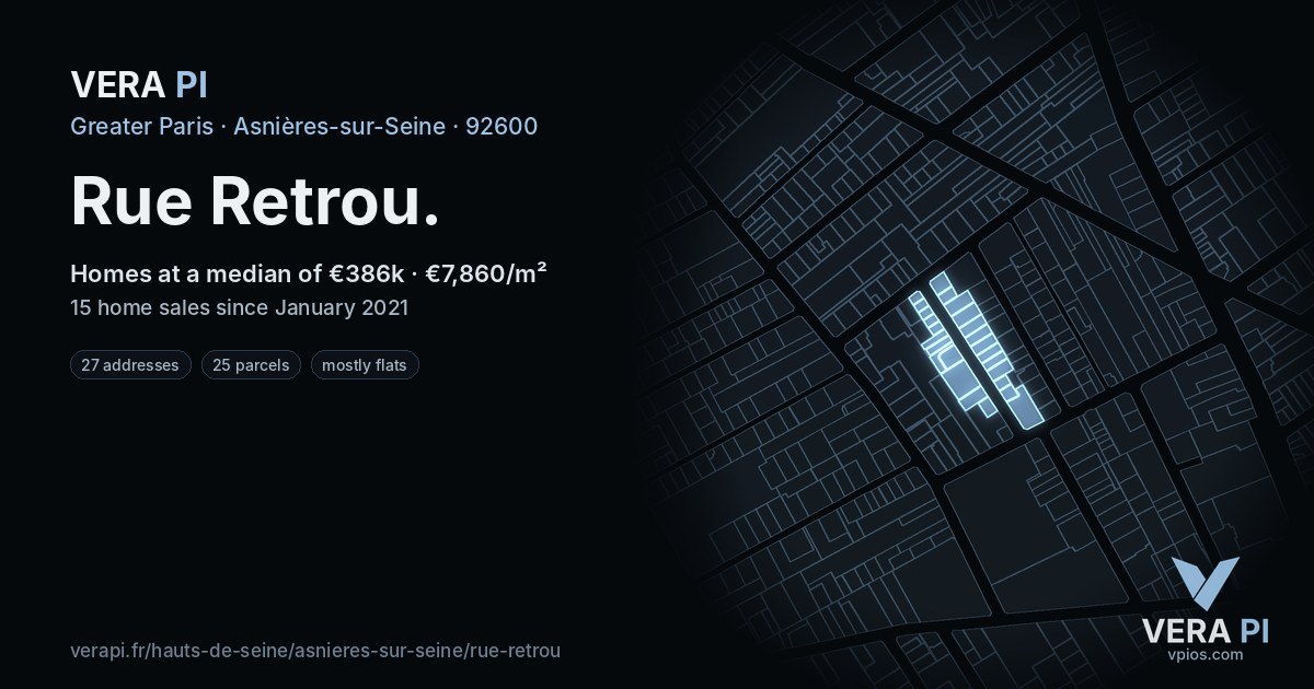 Rue Retrou, Asnières-sur-Seine at night – every parcel coloured by the prices around it, the street's own parcels lit