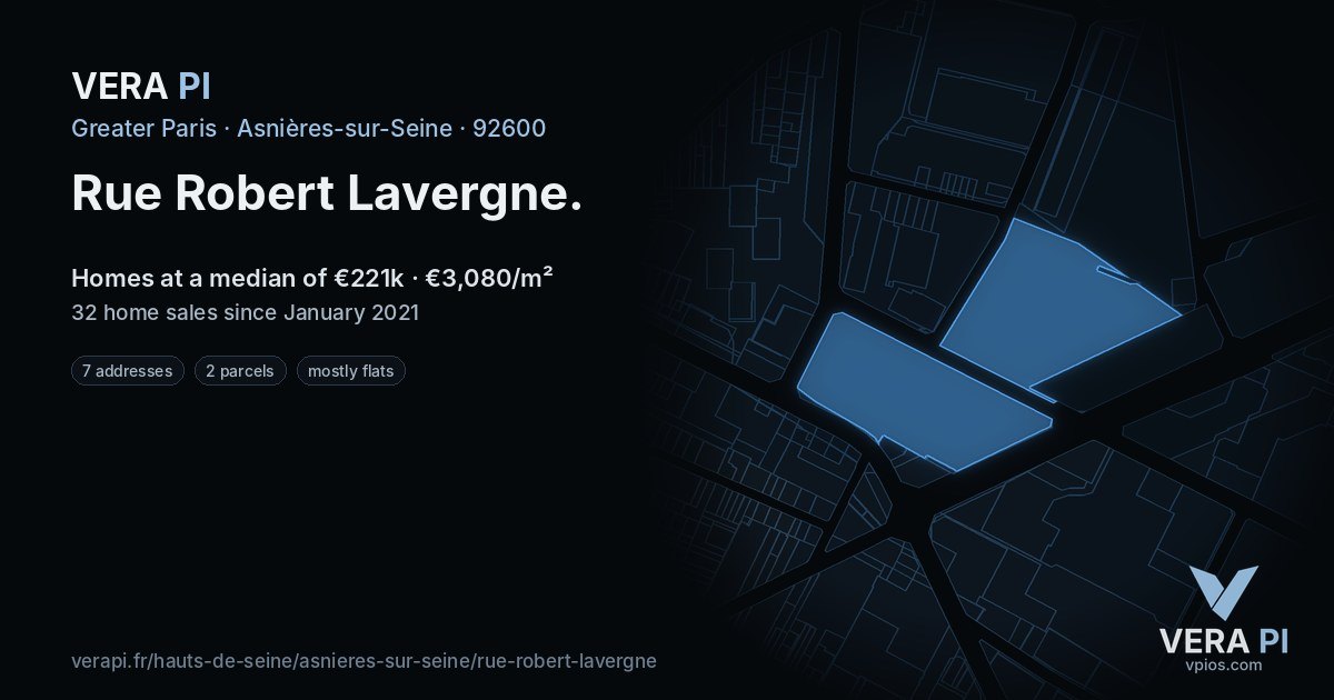 Rue Robert Lavergne, Asnières-sur-Seine at night – every parcel coloured by the prices around it, the street's own parcels lit