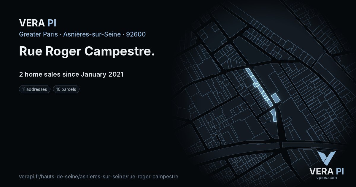 Rue Roger Campestre, Asnières-sur-Seine at night – every parcel coloured by the prices around it, the street's own parcels lit