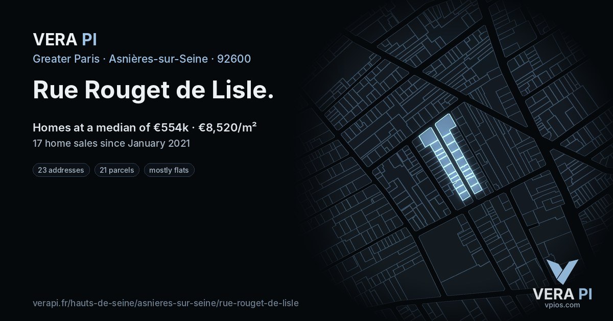 Rue Rouget de Lisle, Asnières-sur-Seine at night – every parcel coloured by the prices around it, the street's own parcels lit