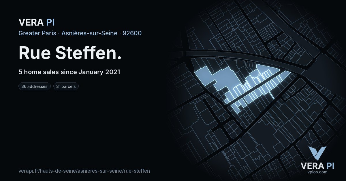 Rue Steffen, Asnières-sur-Seine at night – every parcel coloured by the prices around it, the street's own parcels lit