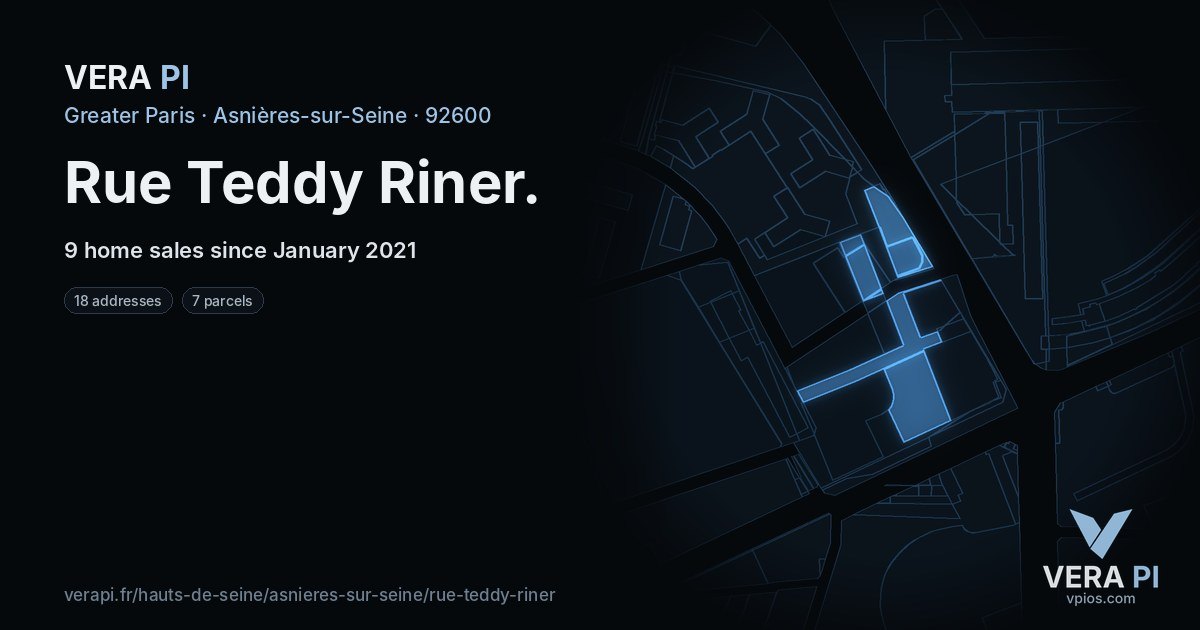 Rue Teddy Riner, Asnières-sur-Seine at night – every parcel coloured by the prices around it, the street's own parcels lit