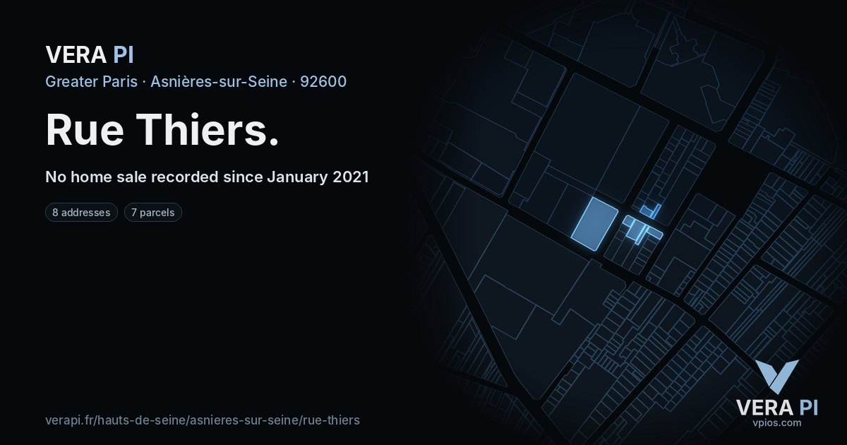 Rue Thiers, Asnières-sur-Seine at night – every parcel coloured by the prices around it, the street's own parcels lit