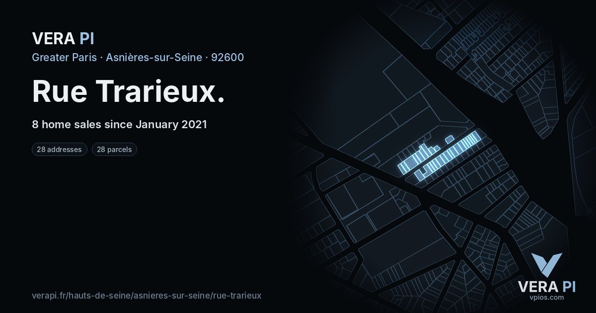 Rue Trarieux, Asnières-sur-Seine at night – every parcel coloured by the prices around it, the street's own parcels lit