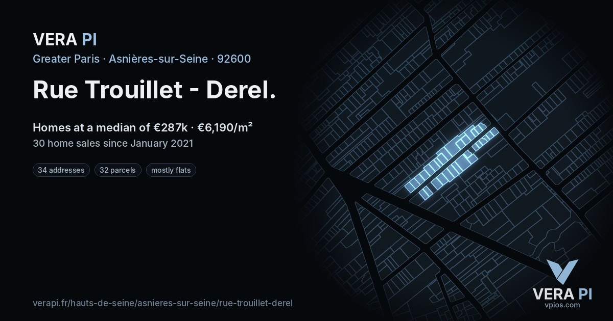 Rue Trouillet - Derel, Asnières-sur-Seine at night – every parcel coloured by the prices around it, the street's own parcels lit