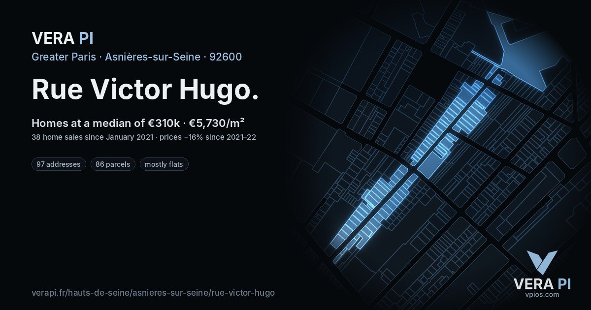 Rue Victor Hugo, Asnières-sur-Seine at night – every parcel coloured by the prices around it, the street's own parcels lit
