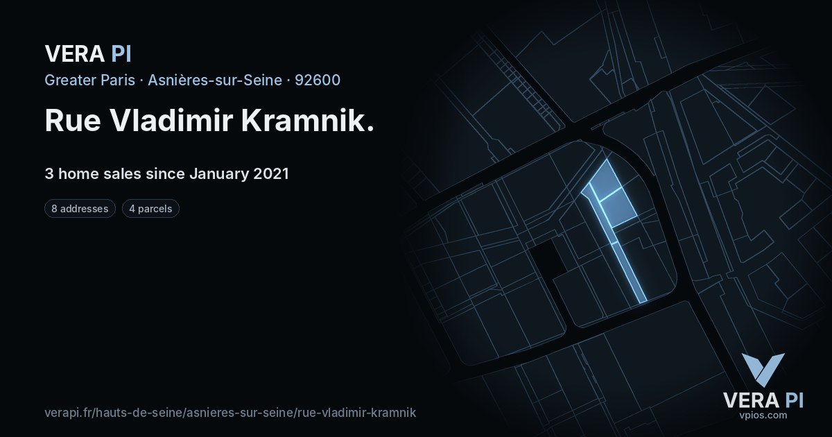 Rue Vladimir Kramnik, Asnières-sur-Seine at night – every parcel coloured by the prices around it, the street's own parcels lit
