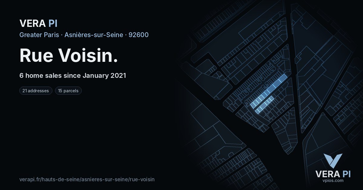Rue Voisin, Asnières-sur-Seine at night – every parcel coloured by the prices around it, the street's own parcels lit
