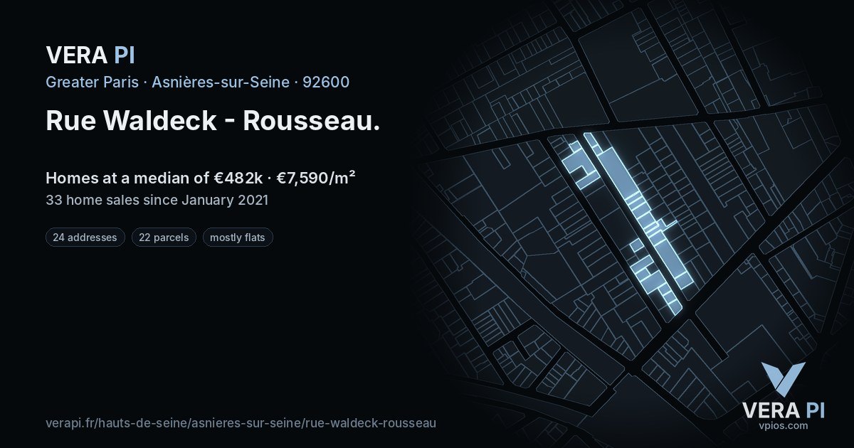 Rue Waldeck - Rousseau, Asnières-sur-Seine at night – every parcel coloured by the prices around it, the street's own parcels lit