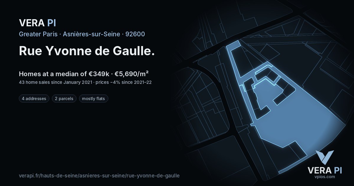 Rue Yvonne de Gaulle, Asnières-sur-Seine at night – every parcel coloured by the prices around it, the street's own parcels lit