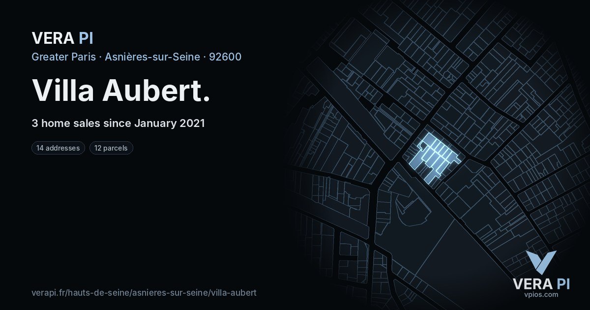 Villa Aubert, Asnières-sur-Seine at night – every parcel coloured by the prices around it, the street's own parcels lit