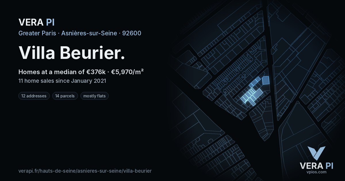Villa Beurier, Asnières-sur-Seine at night – every parcel coloured by the prices around it, the street's own parcels lit