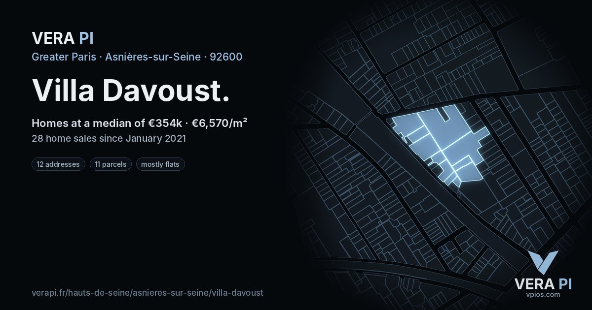 Villa Davoust, Asnières-sur-Seine at night – every parcel coloured by the prices around it, the street's own parcels lit