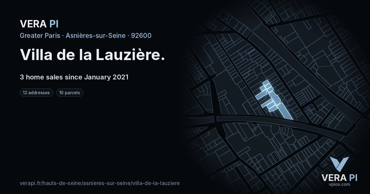 Villa de la Lauzière, Asnières-sur-Seine at night – every parcel coloured by the prices around it, the street's own parcels lit