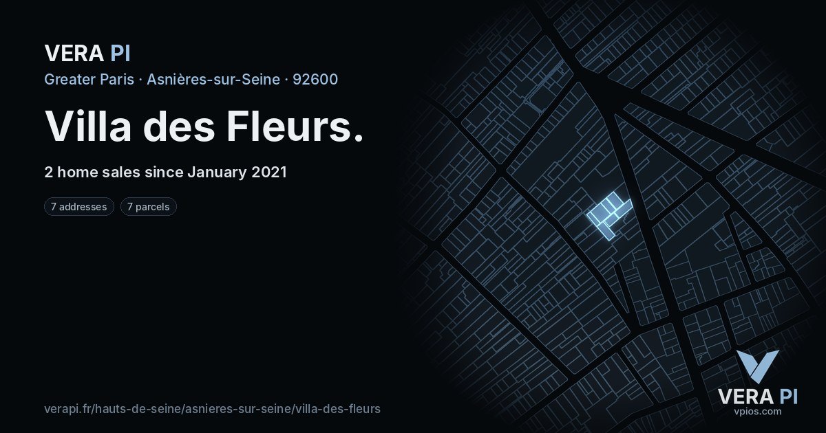 Villa des Fleurs, Asnières-sur-Seine at night – every parcel coloured by the prices around it, the street's own parcels lit