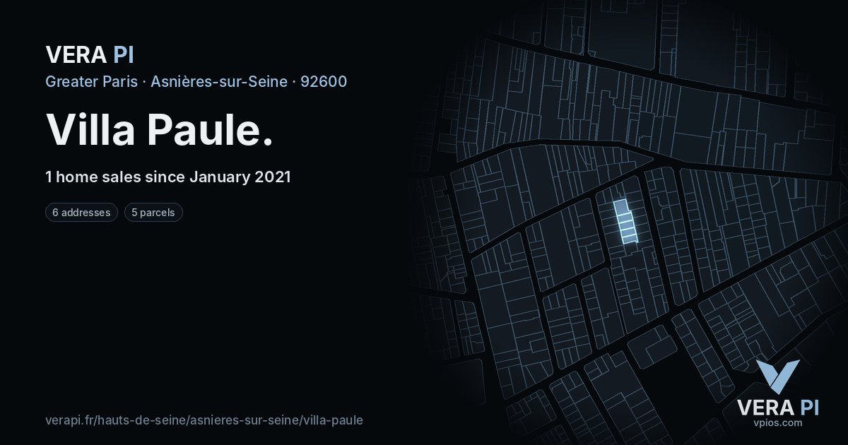 Villa Paule, Asnières-sur-Seine at night – every parcel coloured by the prices around it, the street's own parcels lit