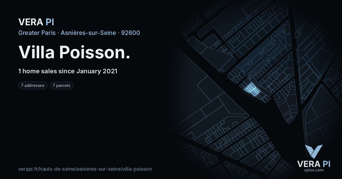 Villa Poisson, Asnières-sur-Seine at night – every parcel coloured by the prices around it, the street's own parcels lit