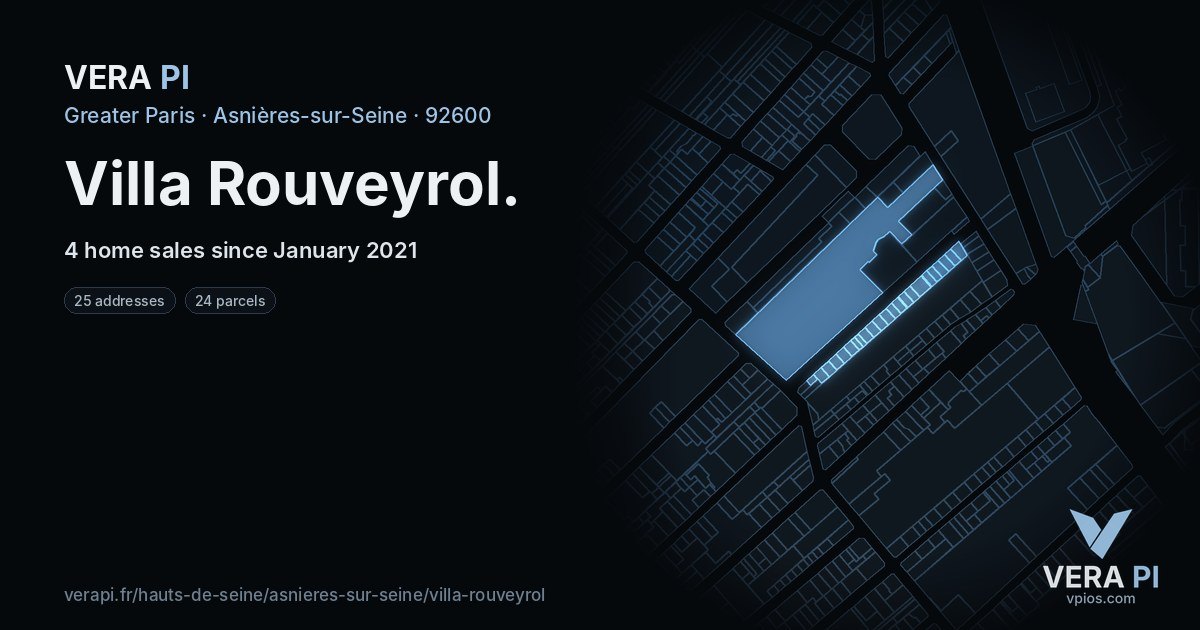 Villa Rouveyrol, Asnières-sur-Seine at night – every parcel coloured by the prices around it, the street's own parcels lit