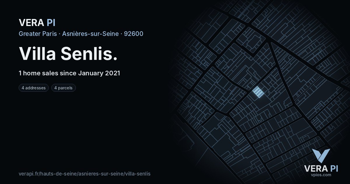 Villa Senlis, Asnières-sur-Seine at night – every parcel coloured by the prices around it, the street's own parcels lit
