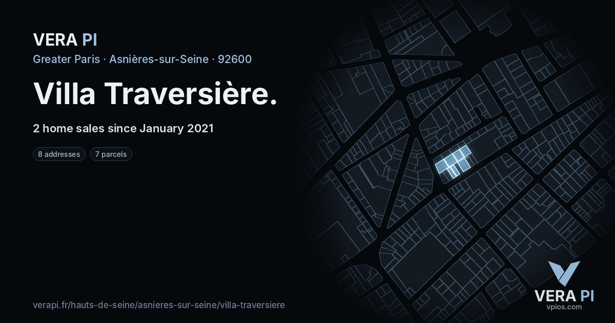 Villa Traversière, Asnières-sur-Seine at night – every parcel coloured by the prices around it, the street's own parcels lit