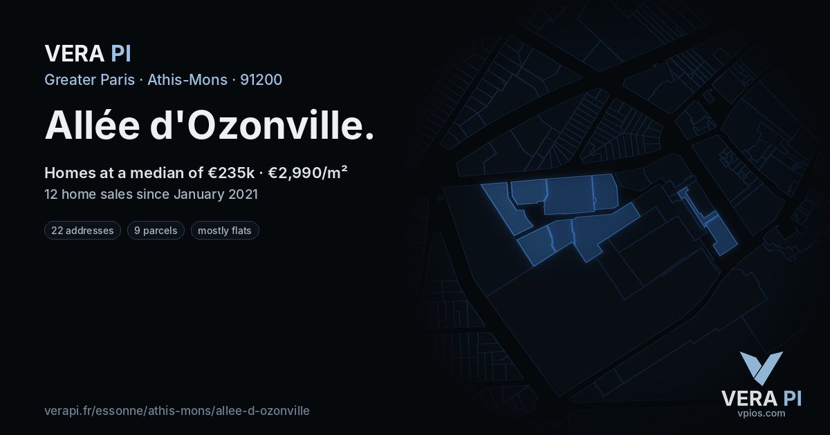 Allée d'Ozonville, Athis-Mons at night – every parcel coloured by the prices around it, the street's own parcels lit