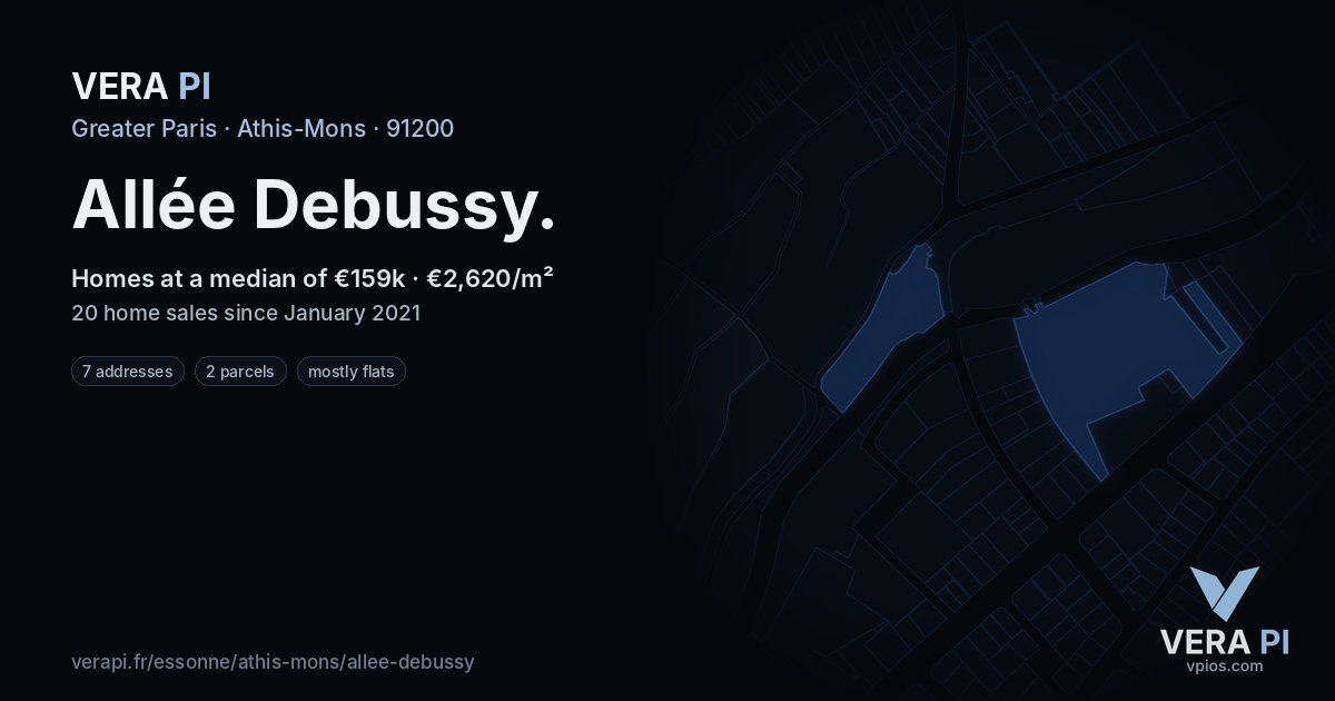 Allée Debussy, Athis-Mons at night – every parcel coloured by the prices around it, the street's own parcels lit
