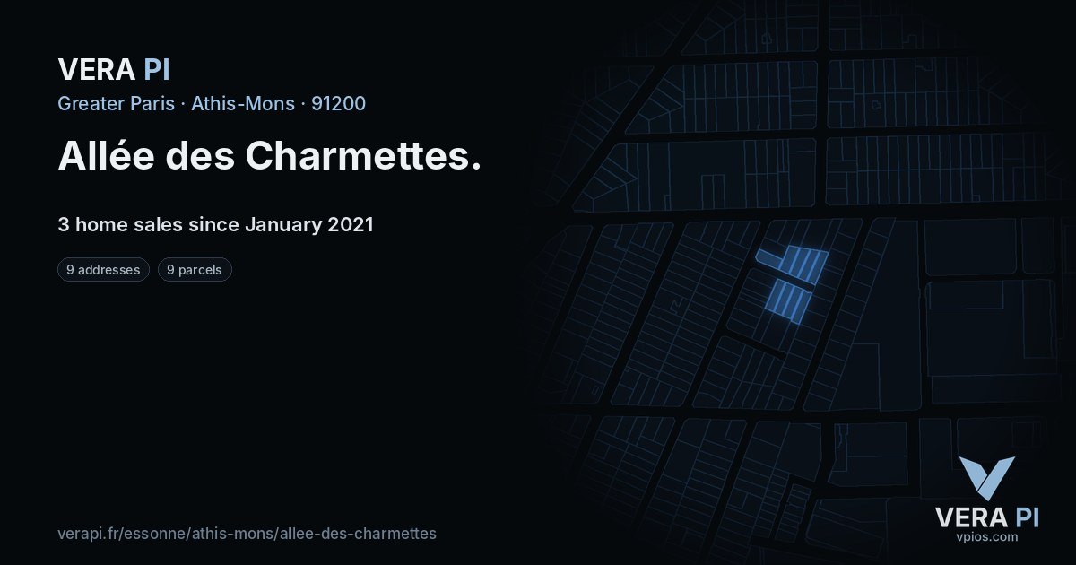 Allée des Charmettes, Athis-Mons at night – every parcel coloured by the prices around it, the street's own parcels lit