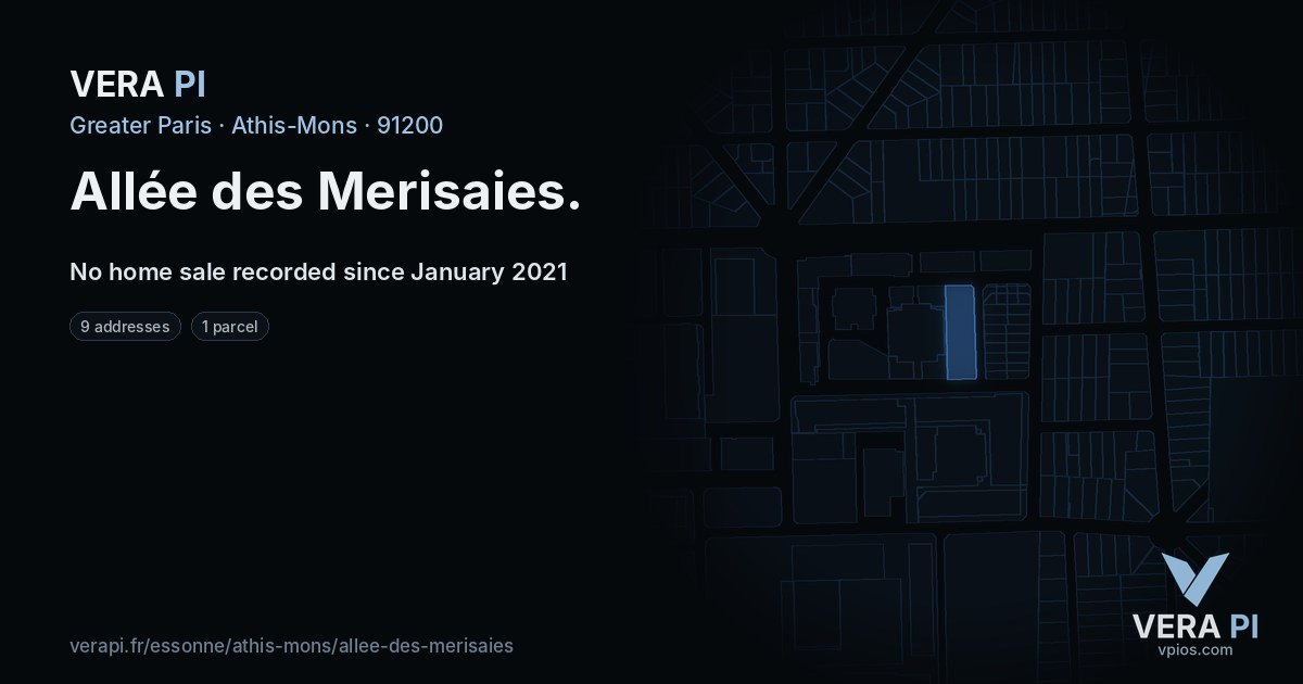 Allée des Merisaies, Athis-Mons at night – every parcel coloured by the prices around it, the street's own parcels lit