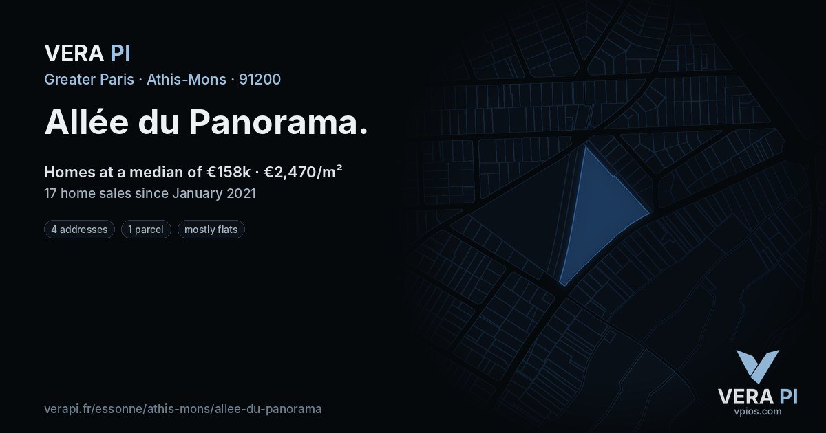 Allée du Panorama, Athis-Mons at night – every parcel coloured by the prices around it, the street's own parcels lit