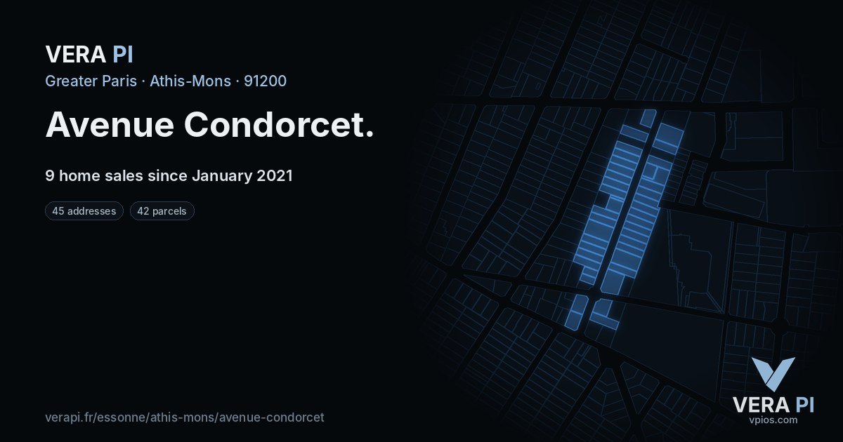 Avenue Condorcet, Athis-Mons at night – every parcel coloured by the prices around it, the street's own parcels lit
