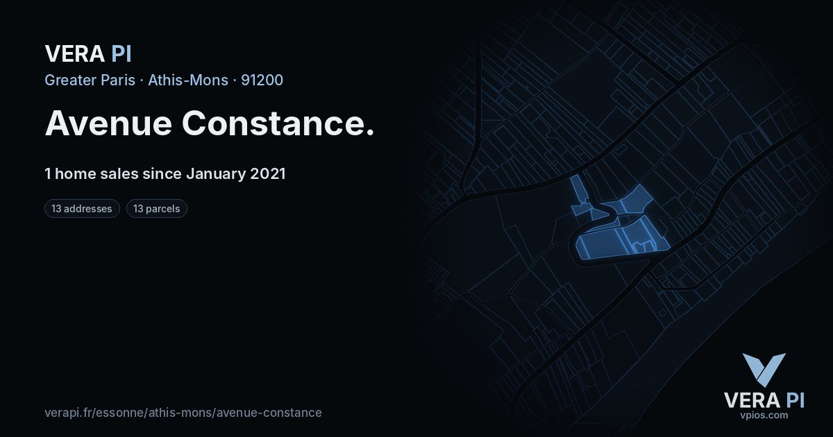 Avenue Constance, Athis-Mons at night – every parcel coloured by the prices around it, the street's own parcels lit