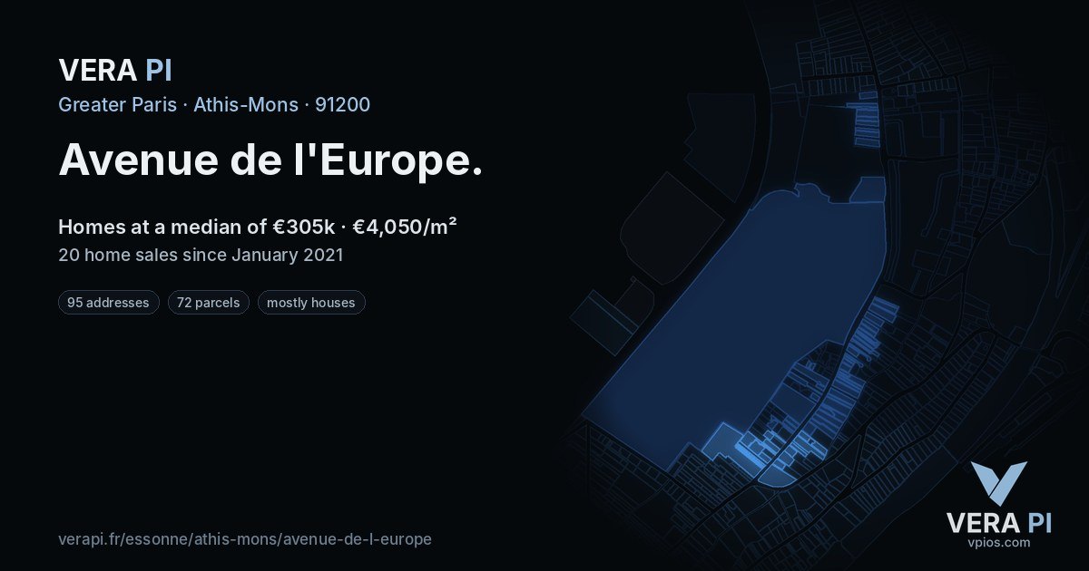 Avenue de l'Europe, Athis-Mons at night – every parcel coloured by the prices around it, the street's own parcels lit